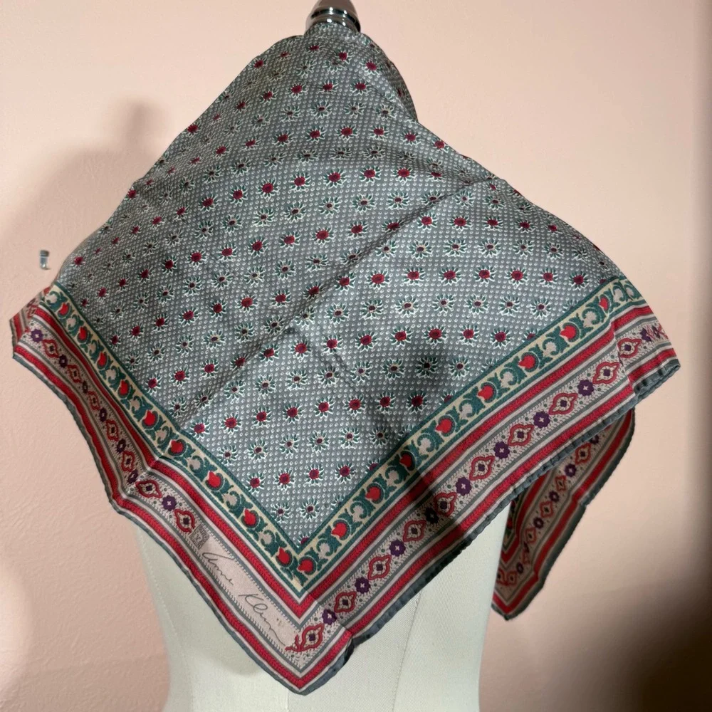 Anne Klein Vintage southwestern floral Grey teal Burgandy Red silk Scarf